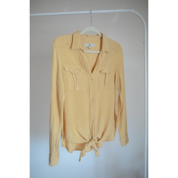 Thread & Supply Button Shirt Tie Front Roll Tab Long Sleeve Mustard SZ S - Picture 1 of 8